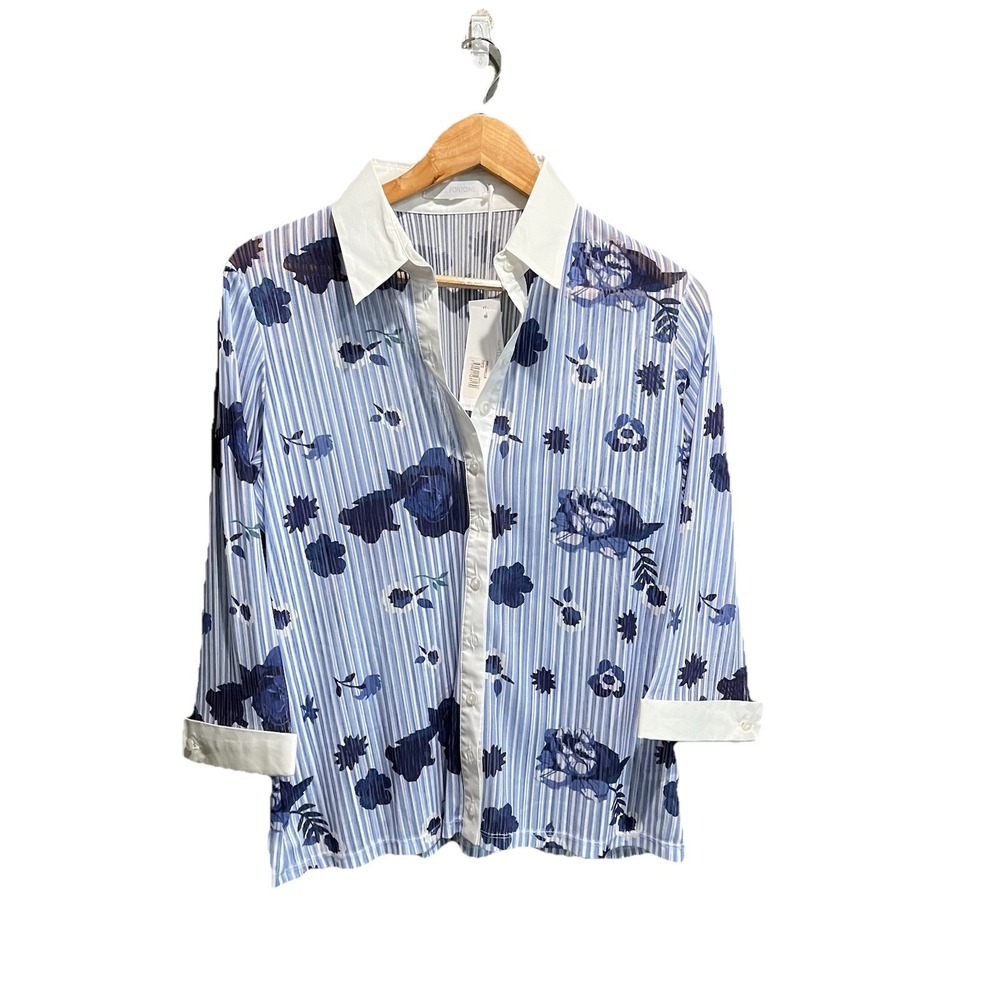 Anne Fontaine Indigo Blue Floral‎ Stripe Prunelle Button Up Sheer Top Size 44